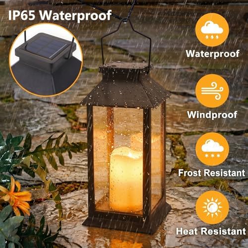 Tomshine 2 Pack Solar Flame Lanterns Outdoor Weatherproof, Hanging Black Rust-Proof Solar Lantern with Tempered Glass Shade, Flickering Flameless Candles for Patio Garden Decor - Image 5