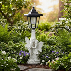 Fairy Couple Solar Lantern Garden Statue, White Resin by Unknown