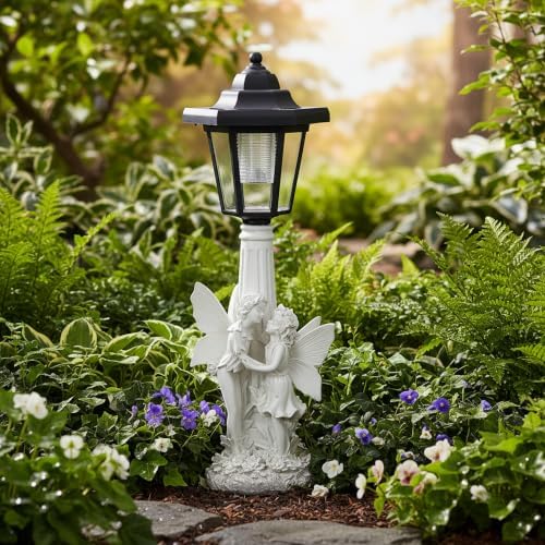 Fairy Couple Solar Lantern Garden Statue, White Resin by Unknown