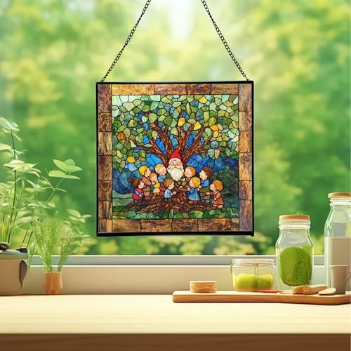 Gnome with Family Tree Stained Glass Suncatcher – Square Hanging Window Panel for Home, Garden, Nursery, Halloween, Christmas, Memorial Day – Whimsical Glass Art Gift for Gnome Lovers gvvriz - Image 2