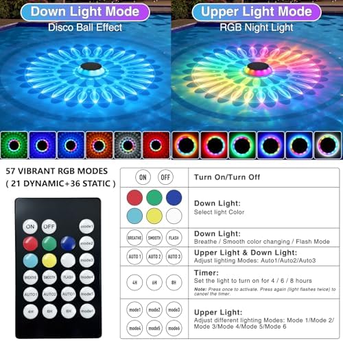 Solar Floating Pool Lights, 2026 Upgrade 2-Pack Solar Pool Lights for Above Ground & Inground Pools, 57 Lighting Modes, IP67 Waterproof, 3 Timers, 3000mAh, for Pool Parties, Backyard, Pond & Bathtub - Image 2