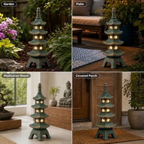 Qeeman Solar Pagoda Garden Statues Decor: Multi-Layer Resin Zen Sculpture - Image 7