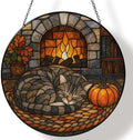 Fireplace Sleeping Cat Stained Glass Suncatcher 11.8" Colorful Window Hanging Ornament, Sun Catcher Decor for Bathroom Front Door Living Room Home Wall Garden by FeHuew