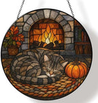 Fireplace Sleeping Cat Stained Glass Suncatcher 11.8" Colorful Window Hanging Ornament, Sun Catcher Decor for Bathroom Front Door Living Room Home Wall Garden by FeHuew