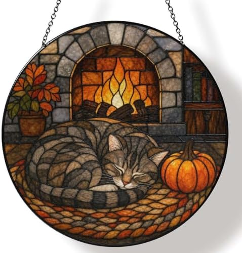 Fireplace Sleeping Cat Stained Glass Suncatcher 11.8" Colorful Window Hanging Ornament, Sun Catcher Decor for Bathroom Front Door Living Room Home Wall Garden by FeHuew