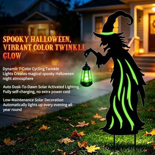 Halloween Decorations Outdoor,Metal Yard Witch Stake with Solar Lantern - Image 4