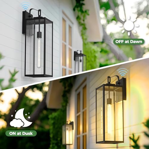 DORESshop 20 Inch Large Size Dusk to Dawn Outdoor Wall Lights, Matte Black Waterproof Anti-Rust Outdoor Light Fixtures Wall Mount with Clear Glass Shade for Porch, with T30 Light Bulbs, 2 Pack - Image 4