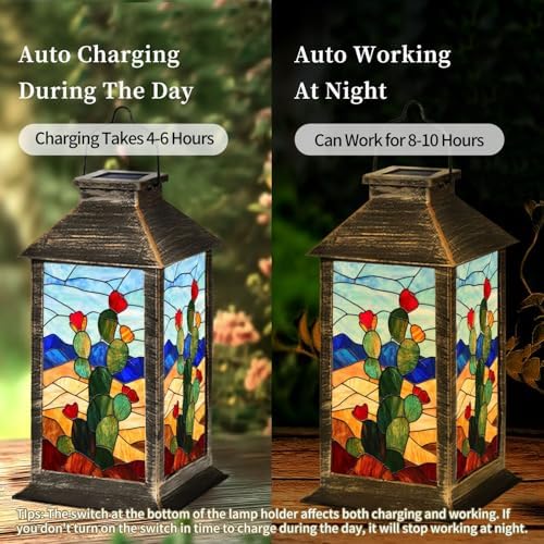 Solar Lantern Majestic Mountains Western Film Style Stained Glass Outdoor Waterproof Garden Hanging Lantern Solar Powered Lighting Outside Table Lamp for Patio Deck Camping 1 Pack - Image 3