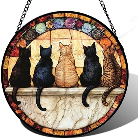 CHATYOUNG Stained Glass Window Hanging Retro Cats Themed Gifts Large 11.8" - Pet Suncatcher Door Garden Home Decor Christmas Mother's Day Birthday Gift for Grandma Women Mom Nana Wife Men Cat Lovers by CHATYOUNG