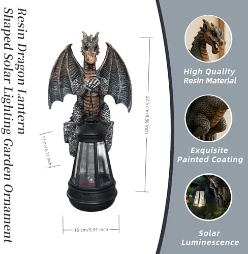 Solar Powered Dragon Statue Outdooe Garden Statues Fence Decor, Copper Dragon Statues with Solar Lantern Patio, Lawn Decor, Gargoyle Statue Wall Tree Hugger Yard Decoration, Unique Gifts for Mom - Image 6