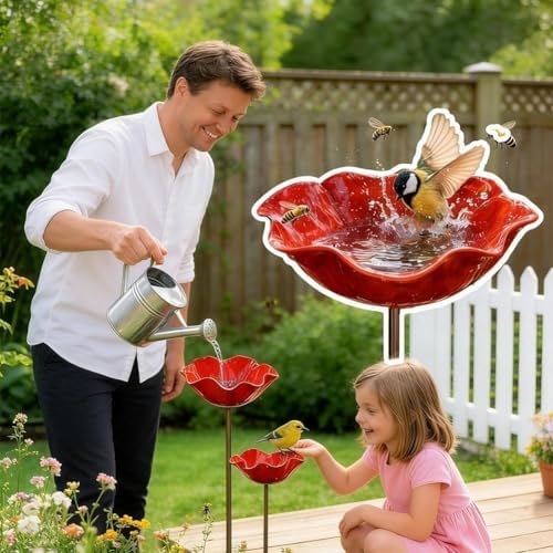Metal Flower Garden Stakes with Bee Bath & Bird Water Bowl,Watering Station,Hummingbird Bath Cup for Outdoor Yard Decor (3PC-RED) - Image 7