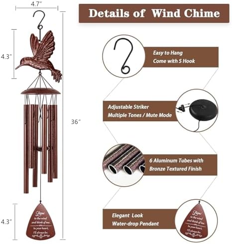 36" Hummingbird Memorial Wind Chime, Sympathy Gifts for Loss of Love One - Image 6