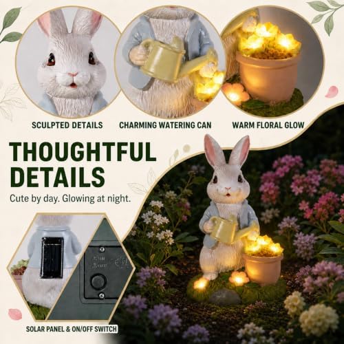 Solar Rabbit Garden Statue with Watering Can and Succulent Lights - Image 2