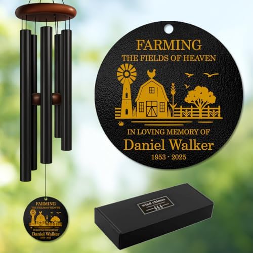 Personalized Farming Memorial Wind Chime – “Farming The Fields of Heaven” Custom Name & Years – Country Life Sympathy Gift for Loss of Loved One – Outdoor Farmer Remembrance Windchime Tribute Décor by AlpadilCo