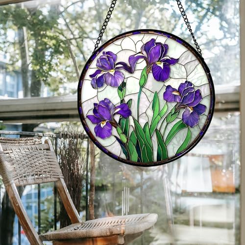 Stained Glass Window Hanging - Purple Iris Flower Sun Catcher for Door Terrace Garden Home Decor, Green Plants Suncatcher Birthday Gifts for Lovers Women Men Dad Mom Nana 11.8 in - Image 4