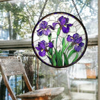 Stained Glass Window Hanging - Purple Iris Flower Sun Catcher for Door Terrace Garden Home Decor, Green Plants Suncatcher Birthday Gifts for Lovers Women Men Dad Mom Nana 9.8 in - Image 4