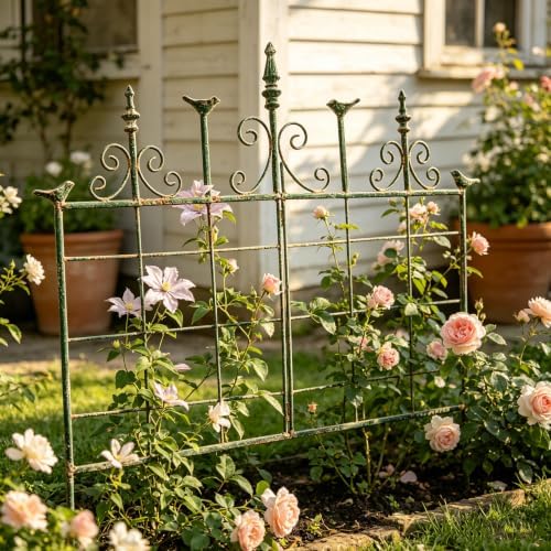 Vintage Distressed Green Metal Garden Fence Panels, 25.6" W x 23.2" H Rustic Cast Iron Picket Fence, Outdoor Landscape Edging Yard Stakes for Flower Bed & Lawn Border - Image 3