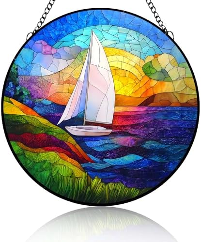 Stained Glass Window Ornaments, Sailboat on Sea at Sunset Painted Suncatchers, Patio Decor, Outdoor Garden Decor, Balcony Decor, Beach House Decor, Glass Art, 9.8 Inch by Unknown