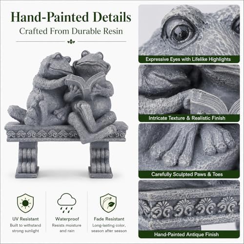 Frog Garden Statue Outdoor Decor, Cute Vintage Frogs Reading a Book on Bench Resin Sculpture, Animal Yard Art for Patio, Lawn, Yard, Housewarming Garden Gifts for Women (Grey) - Image 5