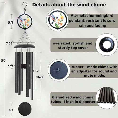 Hummingbird Wind Chimes for Outside - 50 Inches Long, 6 Thick Aluminum Tubes, Exquisite Hummingbird Design, Outdoor Hanging Decor for Garden, Porch, Hummingbird Gifts for Women, Mom, Grandma, Wife - Image 2