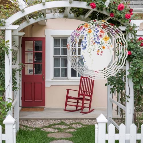 Wind Spinners for Yard Garden, Spring Colorful Flower on White 3D Stainless Steel Round Hanging Spinners Indoor Outdoor Kinetic Yard Art,12 Inch, Watercolor Swirling Leaf - Image 3