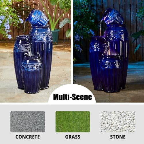 Glitzhome 35.5" H Ceramic Outdoor Water Fountain with LED Lights, Oversized 4-Tier Pots Outdoor Fountain, Cobalt Blue Glaze, Embossed Pattern, Decorative Cascading Waterfall for Garden, Patio - Image 4