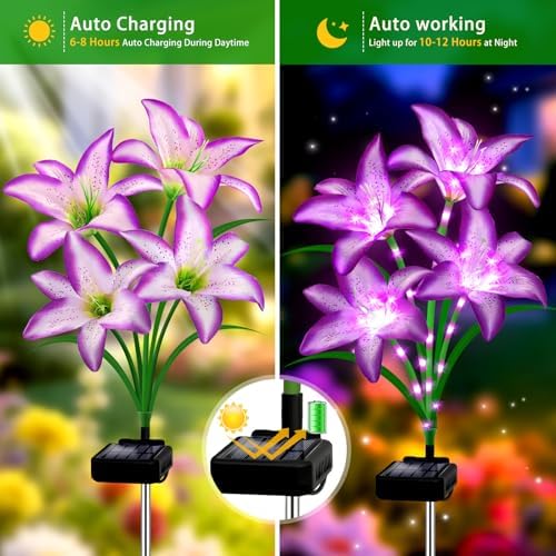 Solar Lights Outdoor, Gift for Women Mom Grandma Wife Daughter, 6 Pack 24 Solar Purple Lily Flower Lights Solar Flower Light Waterproof, Outside Decor Stake Light for Landscape Yard Patio Lawn Garden - Image 2