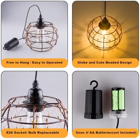 Battery Operated Outdoor Chandelier, 2Pack Gazebo Lights Waterproof, Beaded Copper Wire Drum Shape Hanging Pendant Lights with Remote for Gazebo, Pergola, Porch, Ceiling Indoor Outdoor Decor Lighting - Image 6