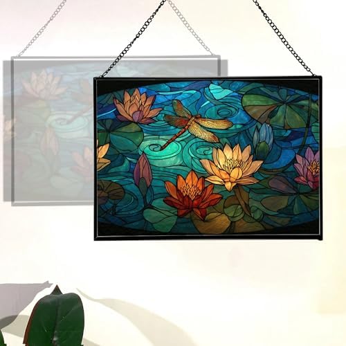 Dragonfly Over Water Lilies Rectangular Stained Glass Suncatcher – Hanging Window Panel with Animal & Nature Scene – Vibrant Glass Art Gift for Wildlife, Fantasy, Nature Lovers pCgY2X - Image 3