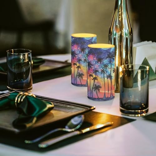 Galaxy Coconut Tree Flameless Candles Bulk Set of 2 Battery Operated Candles with Remote and Timer for Coastal Theme Home Decorations Flickering LED Elictric Pillar Tealights - Image 3
