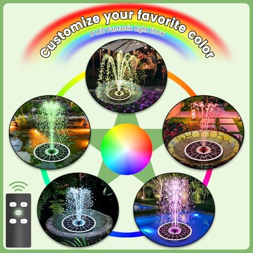 Yzert 2026 Remote Solar Powered Fountain, 6W Glass Bird Bath Fountain with 4000mAh Battery, 7 Nozzles, 4 Fixers & 8 Colorful LEDs, Adjustable Water Height for Outdoor Garden Pond Pool - Image 2