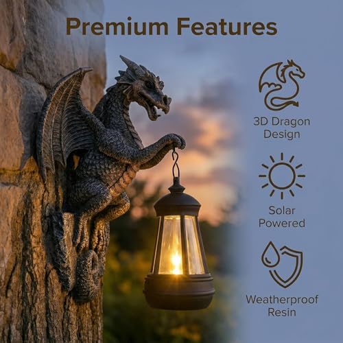 Outdoor Solar Dragon Statue Tree Hugger with Solar Lantern Garden Decor, 9-inch Dragon Garden Statues Outdoor Patio Lawn, Fence Decoration, Gargoyle Statues Outdoor with LED Light, Gifts for Mom - Image 3