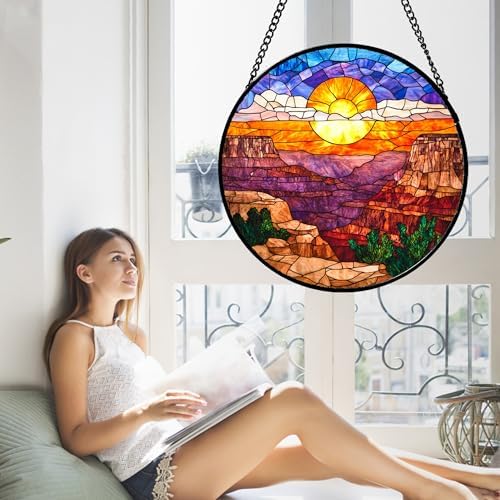 CHATYOUNG Stained Glass Window Hanging Canyon Orange-Red Sunrise Landscape 9.8" - Suncatcher Door Garden Home Decor Birthday Christmas for Men Woman Mom Grandma Dad Friend - Image 5