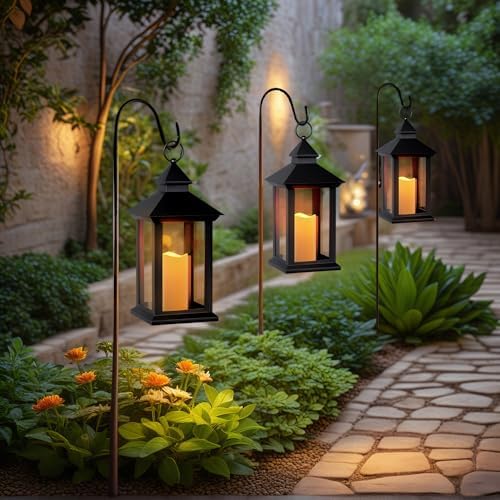 Lanterns Decorative Indoor, 2 Pack Black Decorative Flameless Candle Lanterns with Timer, Vintage 14" Waterproof Hanging Outdoor Lanterns, Battery Operated for Porch, Patio, Wedding Decor - Image 7