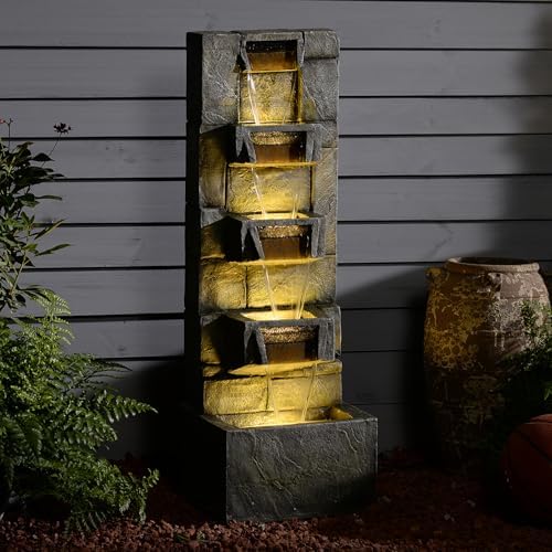 Outdoor Waterfall Fountain with LED Lights, 41” Tall Stone-Look Cascading Water Feature for Home Décor, Realistic Flowing Water Sound for Relaxation, Freestanding Indoor/Outdoor Fountain by Bumilgar