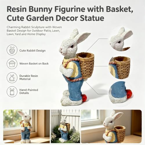 17'' Resin Rabbit Sculpture,Couple Rabbit Statue Flower Pot Blue White - Image 5
