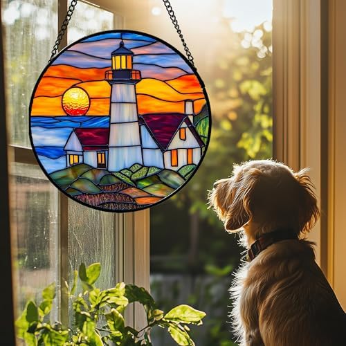 Stained Glass Window Hanging - Sea Lighthouse Suncatcher for Door Terrace Garden Home Decor Sunset Beach Scenery Sun Catcher Birthday Gifts for Lovers Women Men Dad Mom Nana 9.8 in - Image 4