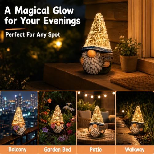 Solar Garden Gnome Statue with Crystal Mosaic LED Hat, Outdoor Decor - Image 7