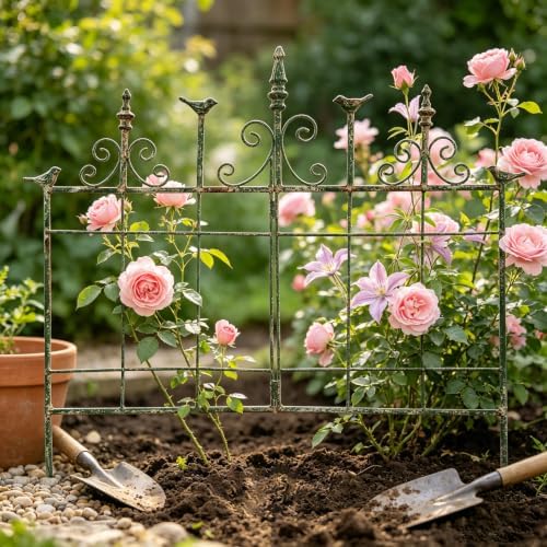Vintage Distressed Green Metal Garden Fence Panels, 25.6" W x 23.2" H Rustic Cast Iron Picket Fence, Outdoor Landscape Edging Yard Stakes for Flower Bed & Lawn Border - Image 4