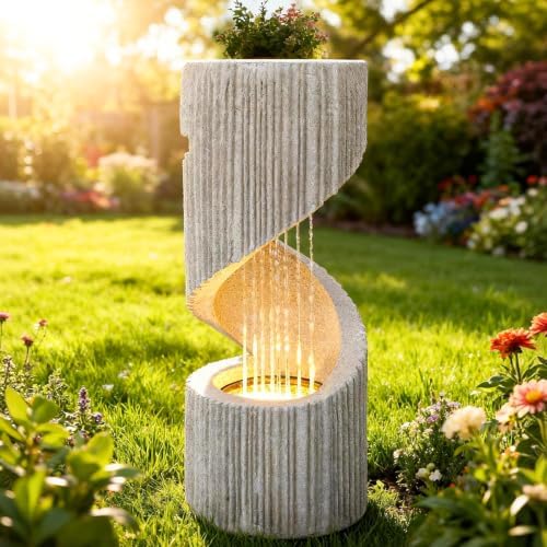 30" H Outdoor Water Fountain with LED Light, S-Shaped Modern Curved Outdoor Fountain, Spiral Column Fountain, Decorative Waterfall Feature with Flat Top Plant Display for Garden, Patio Decor by Callales