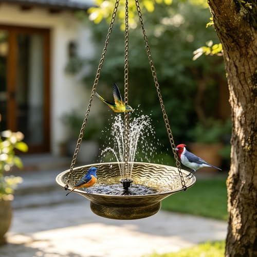 12.6" Hanging Solar Bird Bath Metal for Outside Gold by CaliDecor-UpgradeYourHome