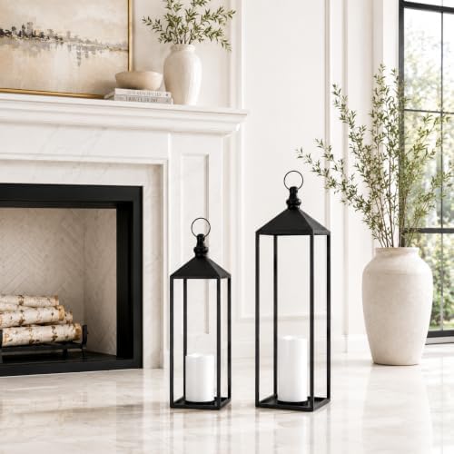 LED Lanterns Decorative Indoor&Outdoor, 23’’ 19’’ Large Black Candle Lanterns Set with 2 Flameless Candles, Metal Holders for Porch, Patio, Garden, Home, Fireplace, Decorations Decor - Image 4