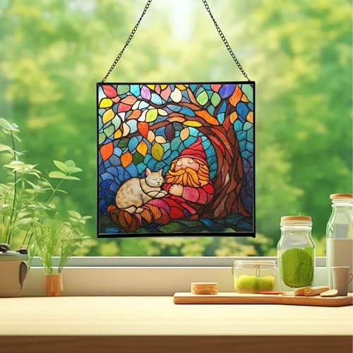 Gnome and Cat Nap Stained Glass Suncatcher – Square Hanging Window Panel for Home or Greenhouse – Whimsical Glass Art Gift for Garden Lovers, Christmas, Halloween, Father Days AV15Ti - Image 2