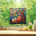 Gnome and Cat Nap Stained Glass Suncatcher – Square Hanging Window Panel for Home or Greenhouse – Whimsical Glass Art Gift for Garden Lovers, Christmas, Halloween, Father Days AV15Ti - Image 2