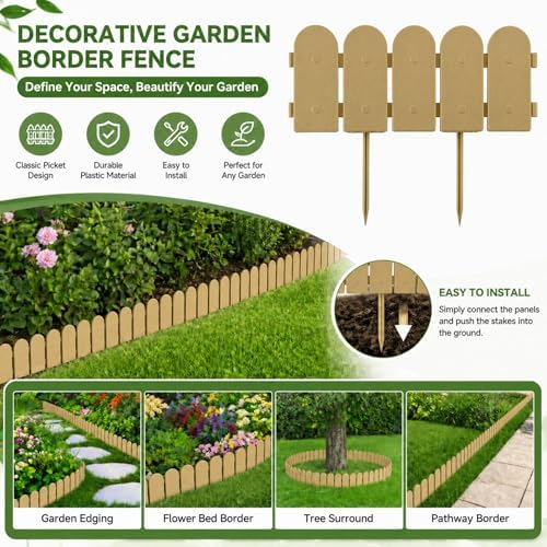 Evelyne Garden Border Plastic Edging: Wooden Fence Design - 16pcs Timber Yard Landscaping Fence Liner Lawn Edge Barrier - 20ft Kit of Decorative Lawn Panels Elements -Landscaping Edging-GMT-10374-F16 - Image 2