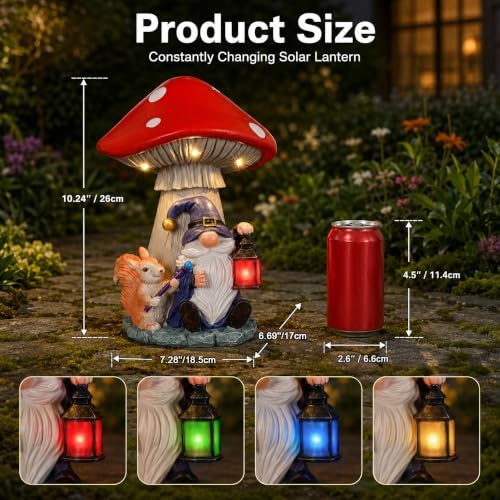 Solar Gnome and Squirrel Statue Under Mushroom Garden Decor, Garden Gnomes Outdoor Statue with Solar Lantern for Yard Patio Lawn Decor, Unique Birthday Gifts for Mom Women Grandma - Image 3