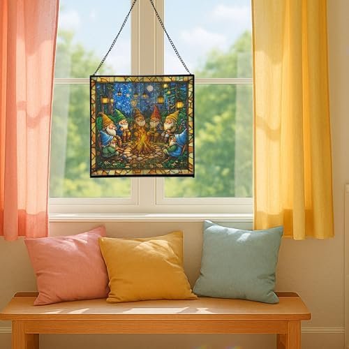Campfire Story Gnome Stained Glass Suncatcher – Square Hanging Window Panel for Home or Greenhouse – Whimsical Glass Art Gift for Garden Lovers, Christmas, Halloween, Father Days VgBFDy - Image 5