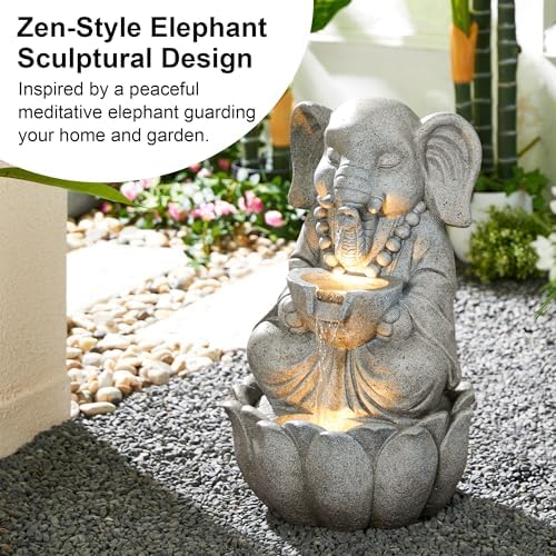 Glitzhome Outdoor Fountains and Waterfalls Zen-Style Concrete Resin Elephant Water Fountains with LED & Pump, Garden Patio Water Fountain Yard Fountain 2 Tier Floor Waterfall for Backyard Lawn 22" H - Image 3