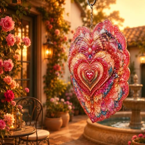 Shwing 12 Inch Wind Spinner Heart Floral Hanging Decor Romantic Valentine Metal Ornament Double Sided Outdoor Kinetic Garden Art 3D Wind Spinner for Patio Porch Balcony Backyard Tree Decoration - Image 4