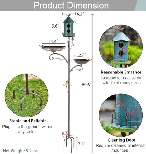 Metal Bird Bath Feeder and Houses for Outdoors, Birdbaths for Outside with 4-Prong Stake, 3 in 1 Free Standing with Blue House on Pole for Garden Patio Yard Lawn - Image 5
